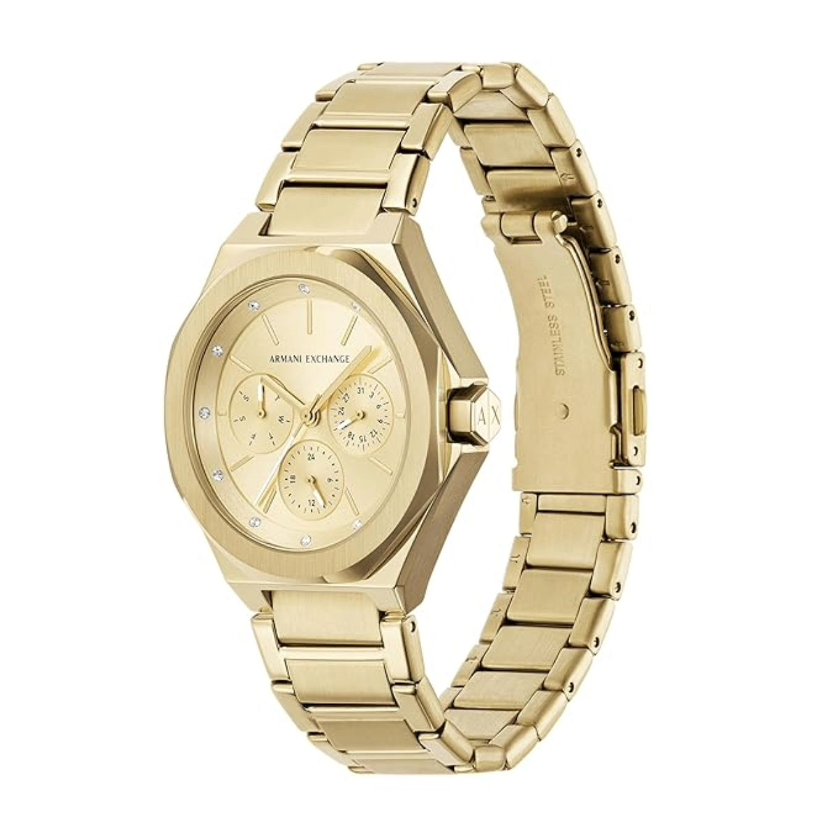 Gold watch with a detailed face on a white background