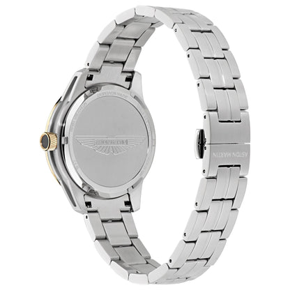 Silver watch with a detailed face on a white background