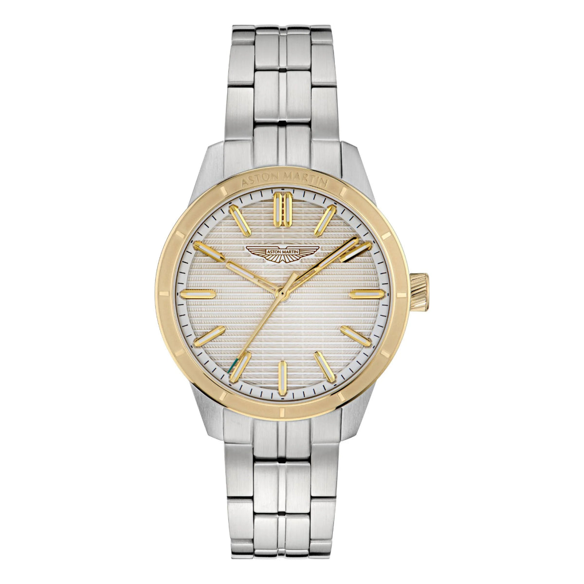 Watch with silver and gold band on a white background