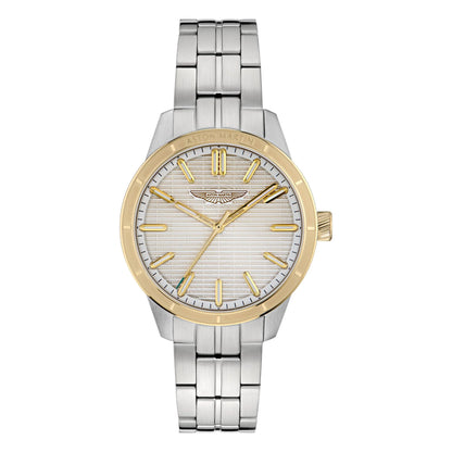 Watch with silver and gold band on a white background