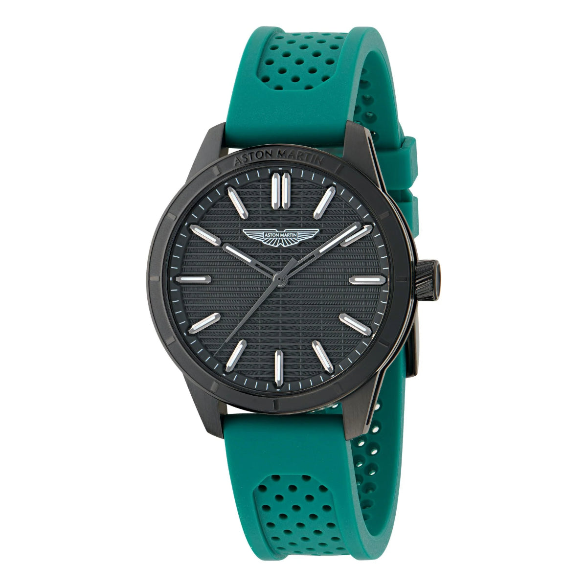 Watch with teal strap and black face on a white background