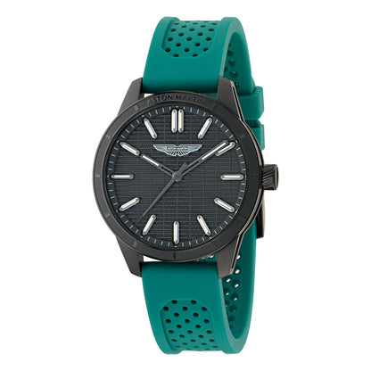 Watch with teal strap and black face on a white background