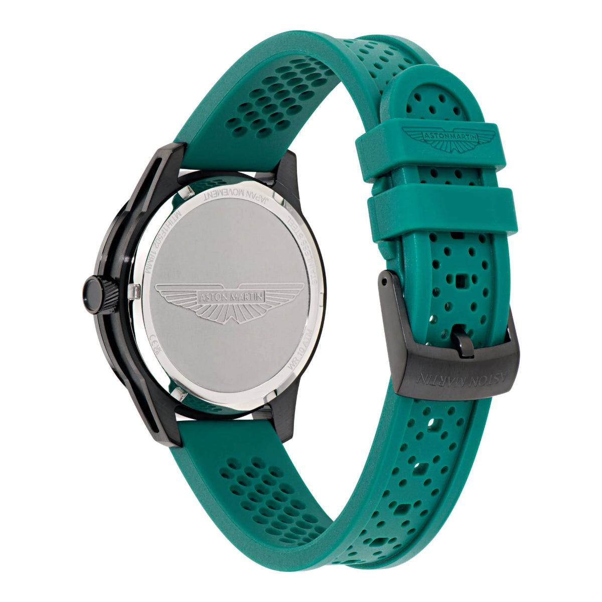 Teal watch with a silver face on a white background