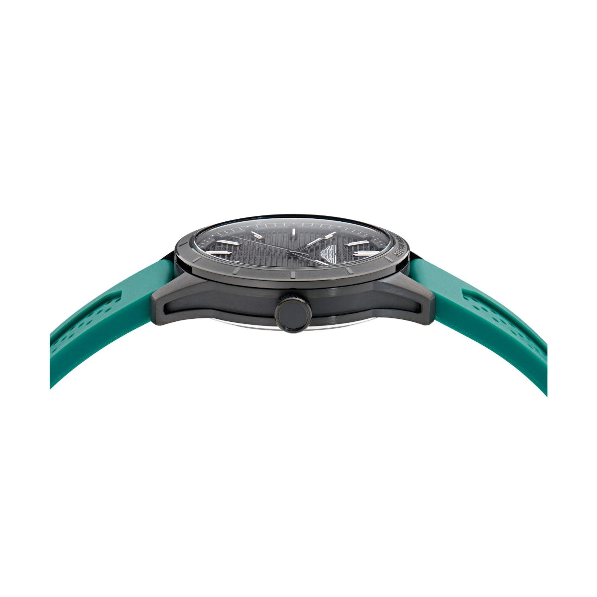 Watch with teal strap and black case on a white background