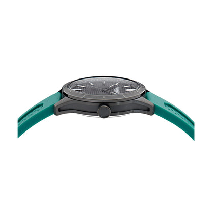 Watch with teal strap and black case on a white background