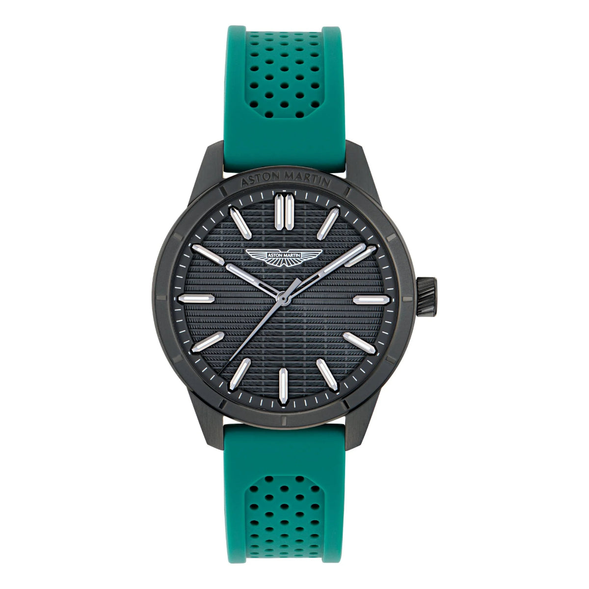 Watch with teal perforated strap and black dial on a white background