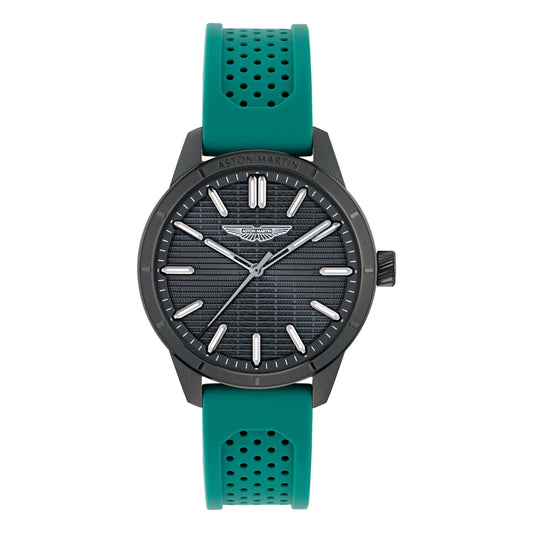 Watch with teal perforated strap and black dial on a white background