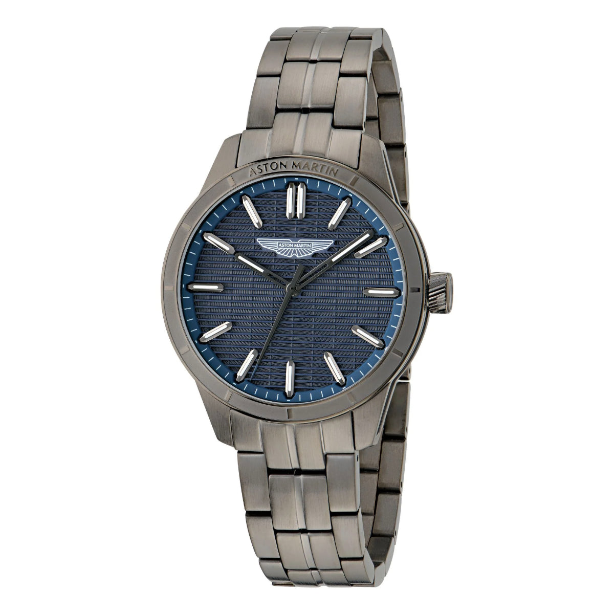 Silver watch with blue face on a white background