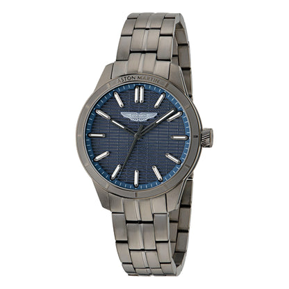 Silver watch with blue face on a white background