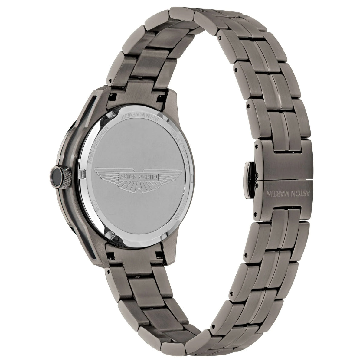 Silver watch with a detailed band on a white background