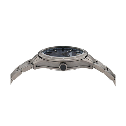 Silver watch with a detailed face on a white background