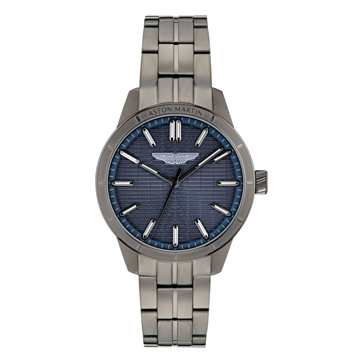 Silver watch with blue face on a white background