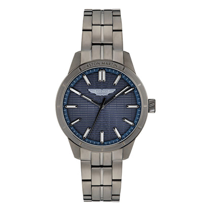Silver watch with blue face on a white background