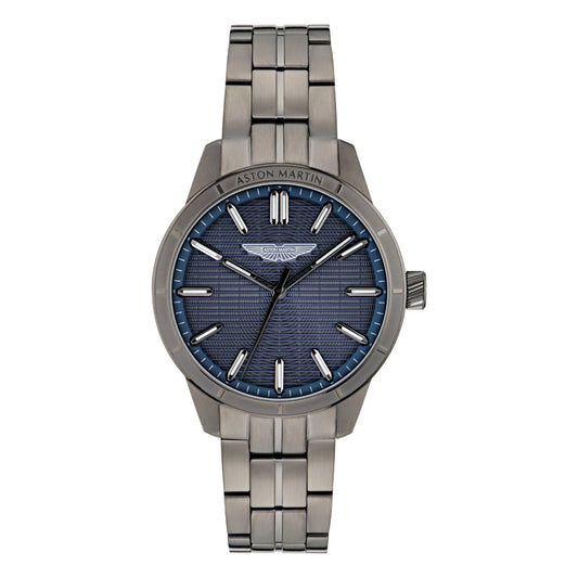 Silver watch with blue face on a white background