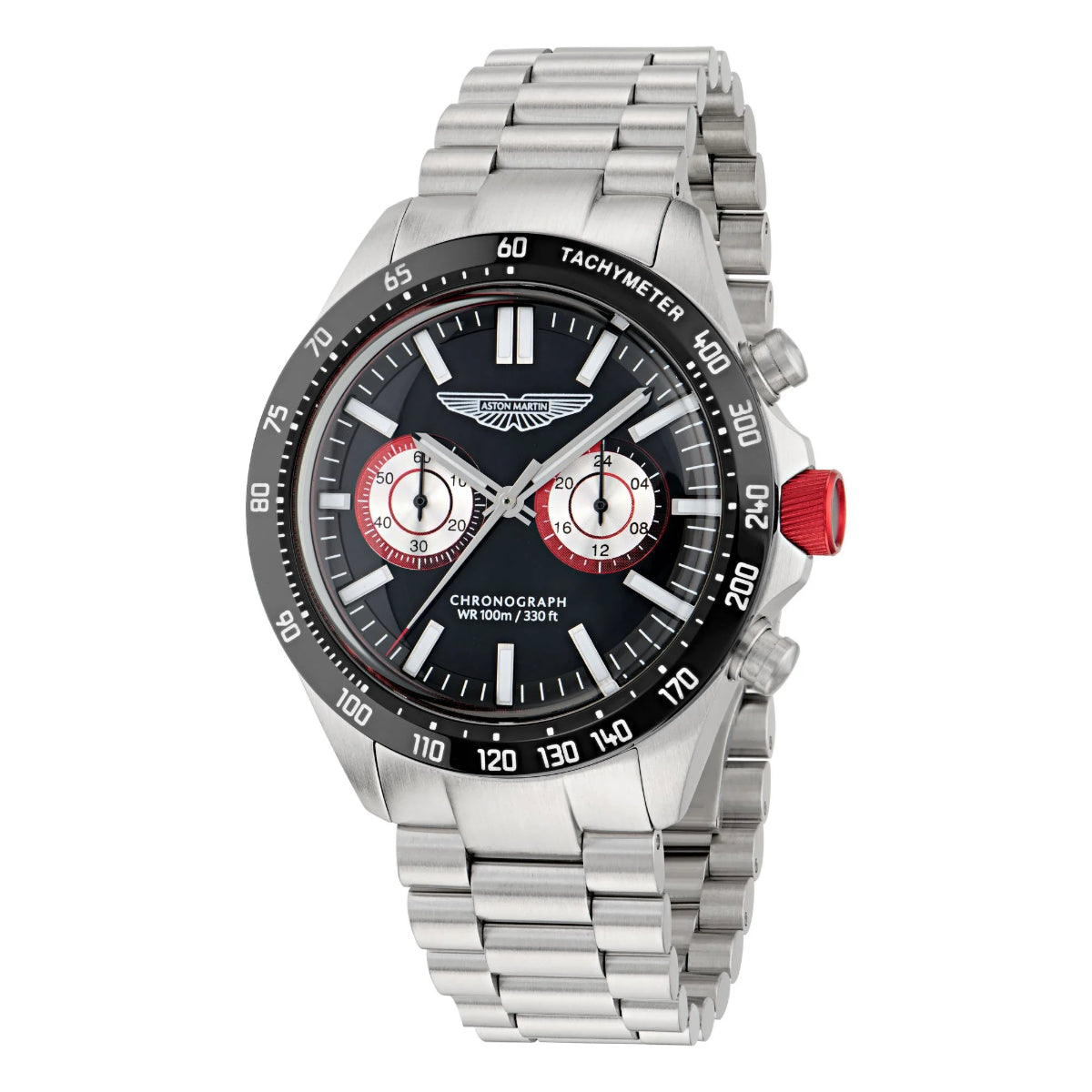 Silver watch with a black dial and red accents on a white background