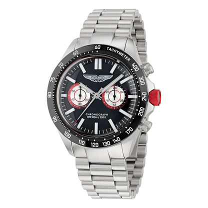 Silver watch with a black dial and red accents on a white background