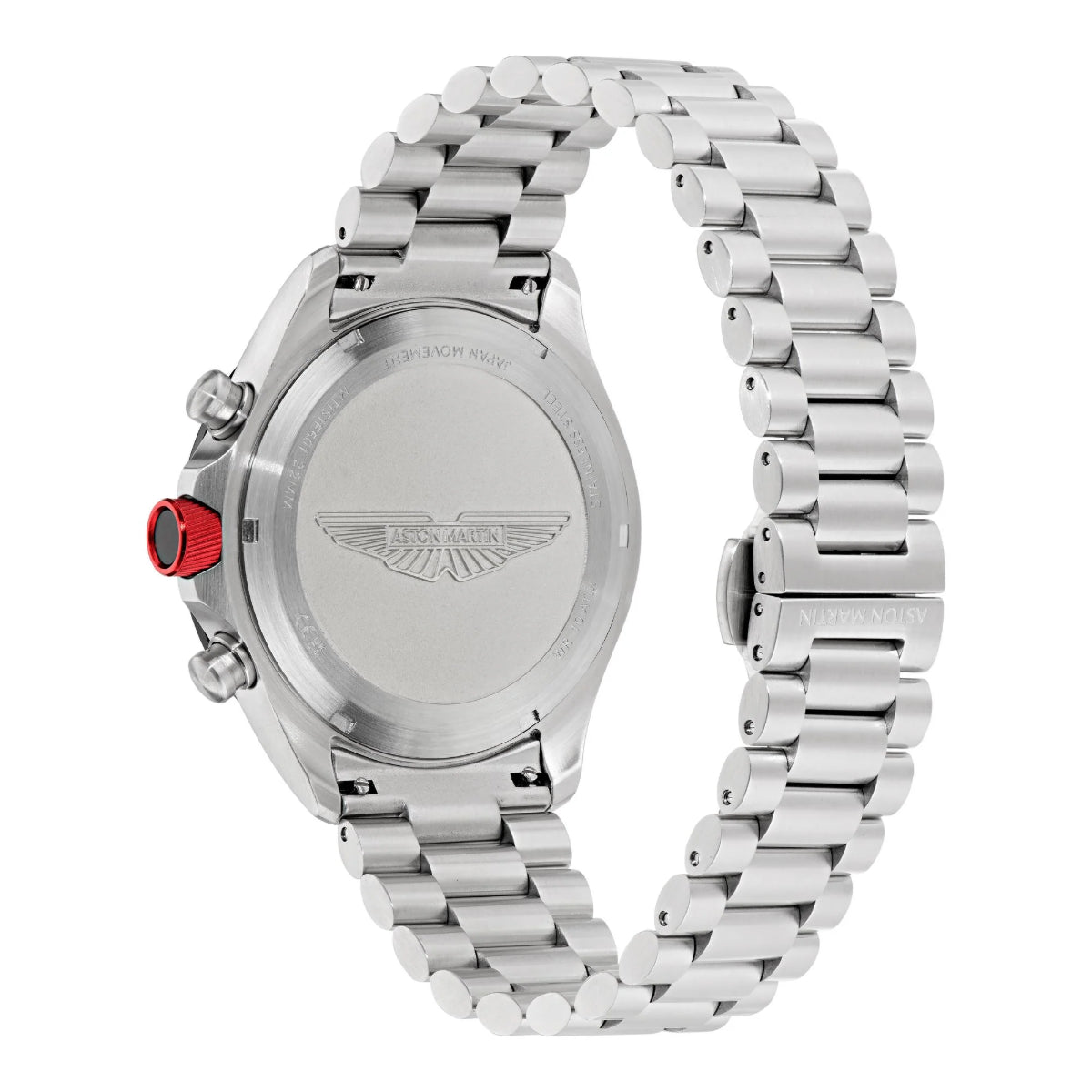 Silver watch with a detailed back design on a white background