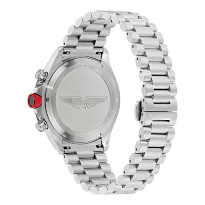 Silver watch with a detailed back design on a white background