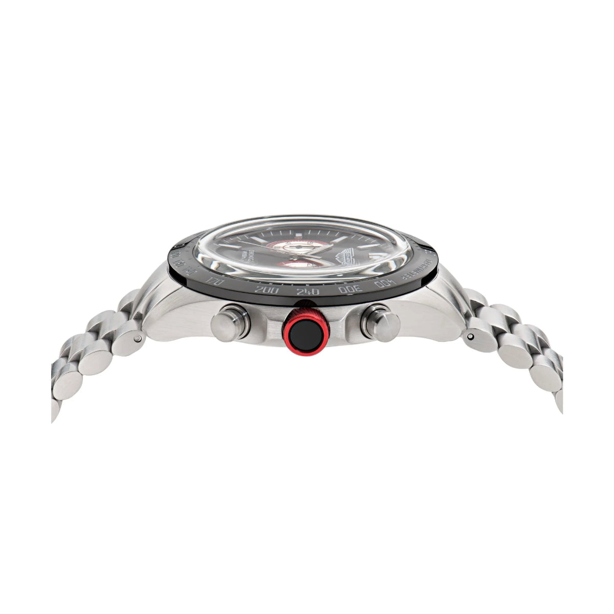 Close-up of a silver watch with a red button on a white background