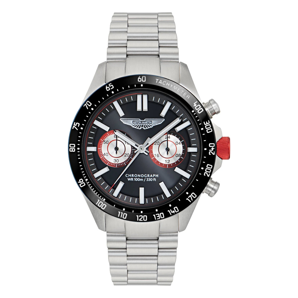 Silver watch with black face and red accents on a white background