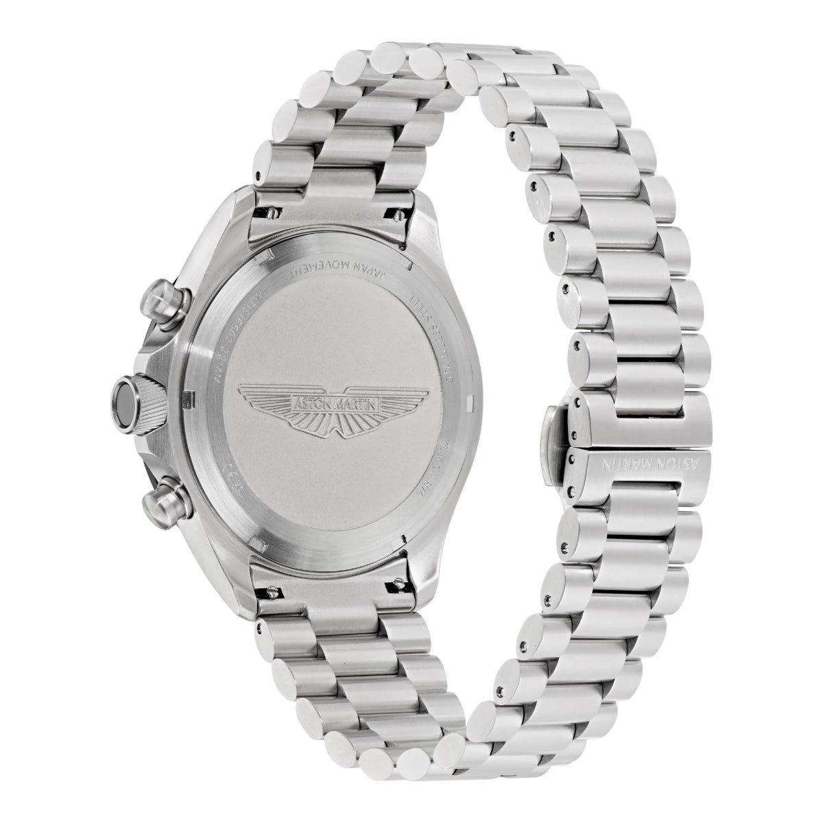 Silver watch with a detailed back design on a white background