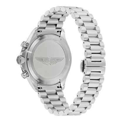 Silver watch with a detailed back design on a white background