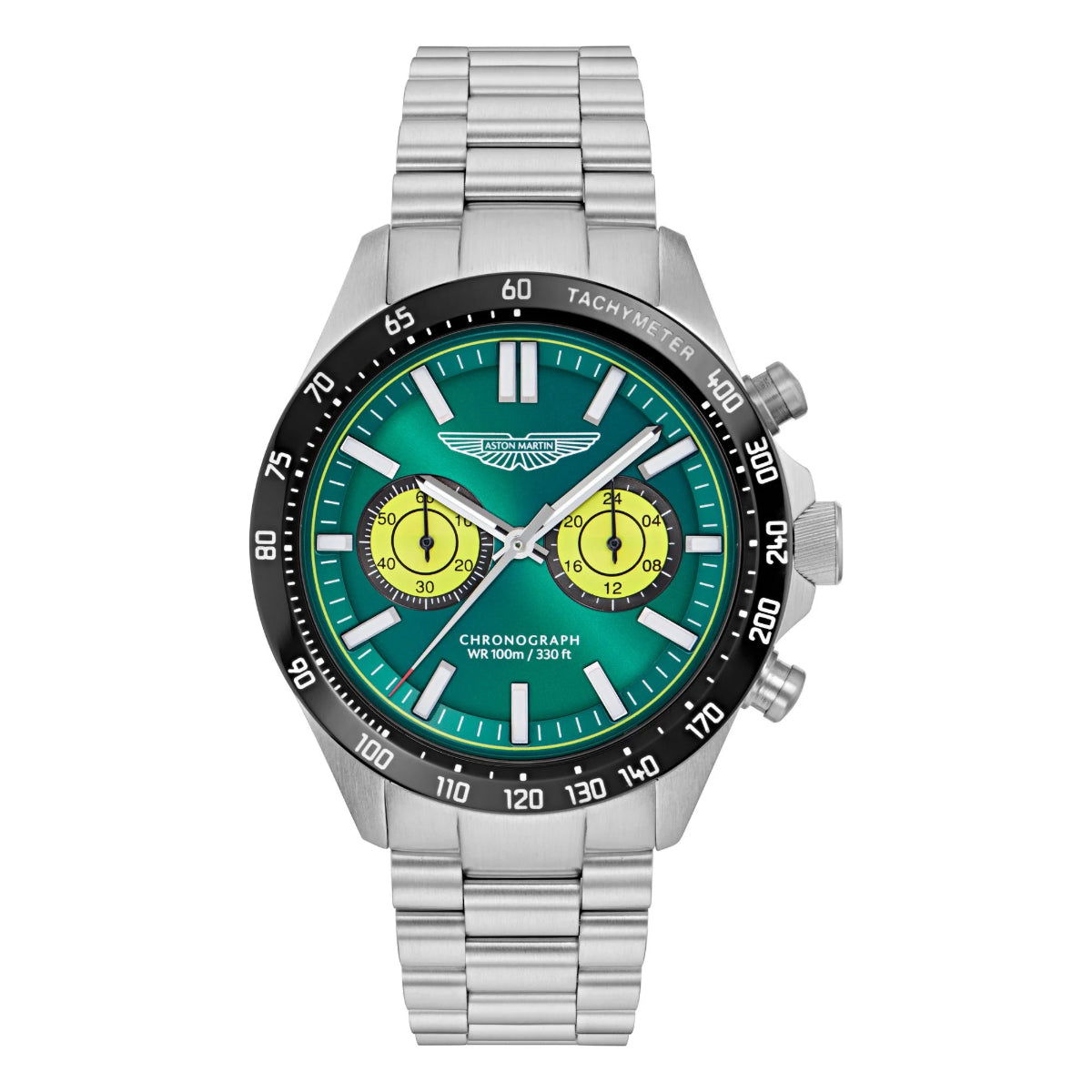 Silver watch with a green and black face on a white background