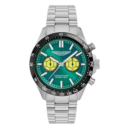 Silver watch with a green and black face on a white background