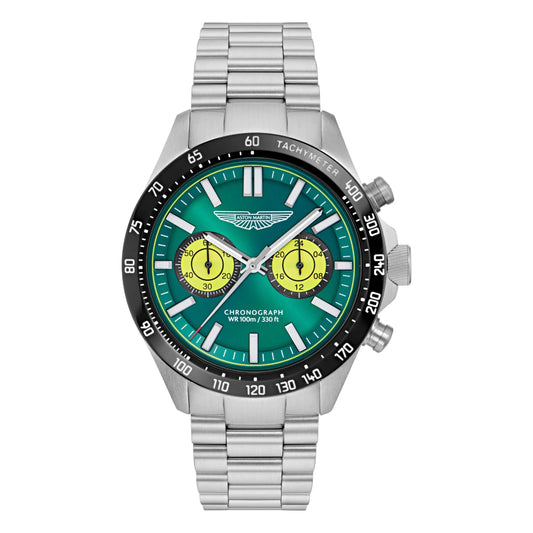 Silver watch with a green and black face on a white background
