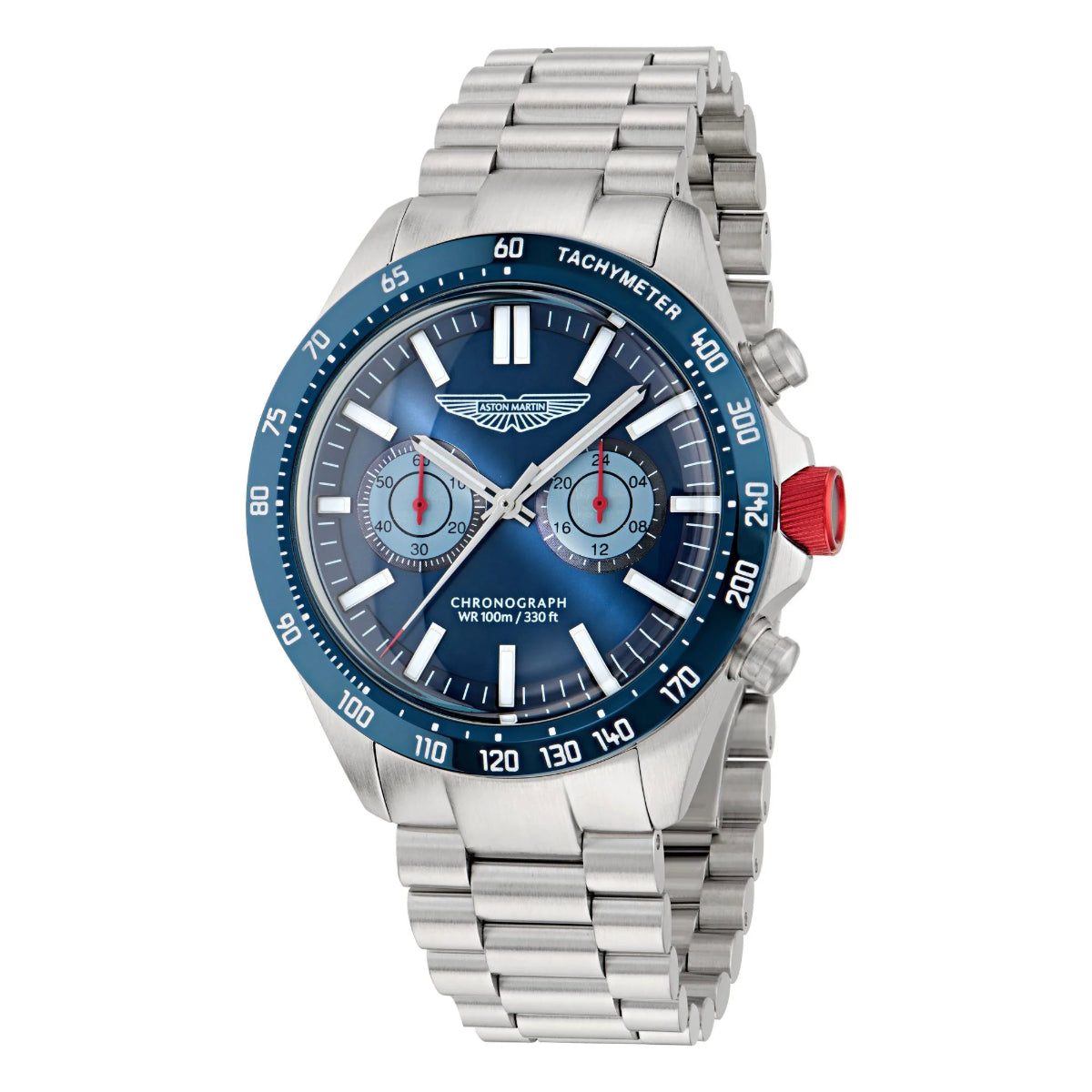 Silver watch with a blue face on a white background