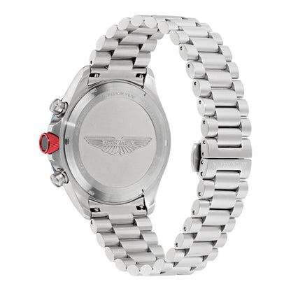 Silver watch with a detailed back design on a white background