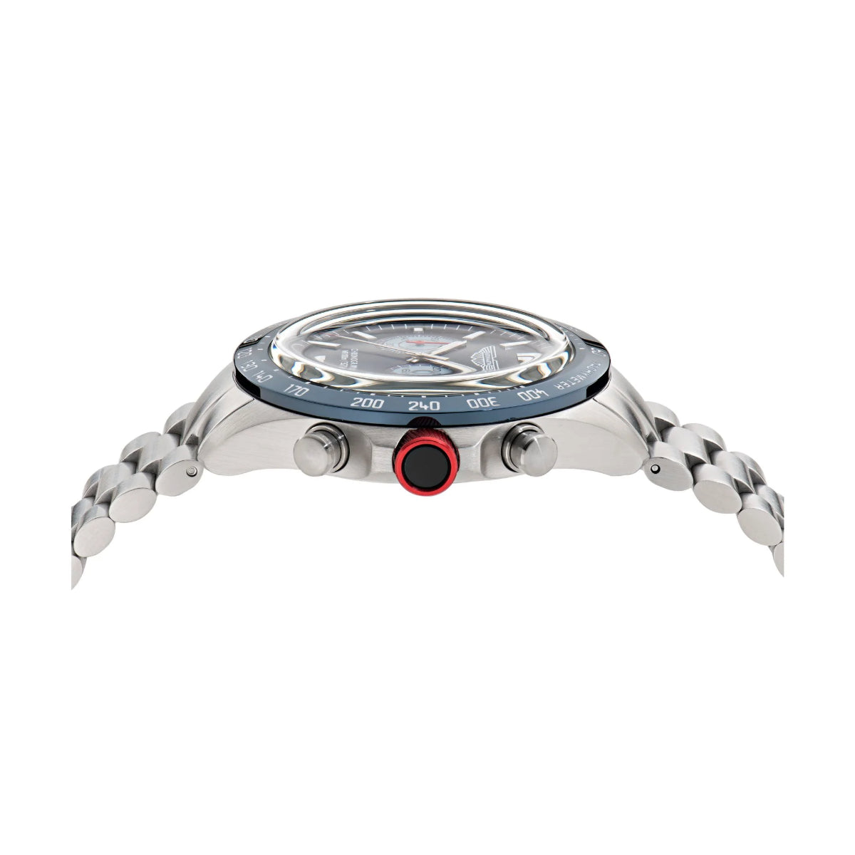 Watch with a silver band and red button on a white background