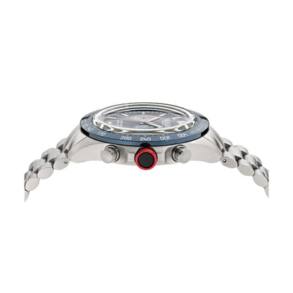 Watch with a silver band and red button on a white background
