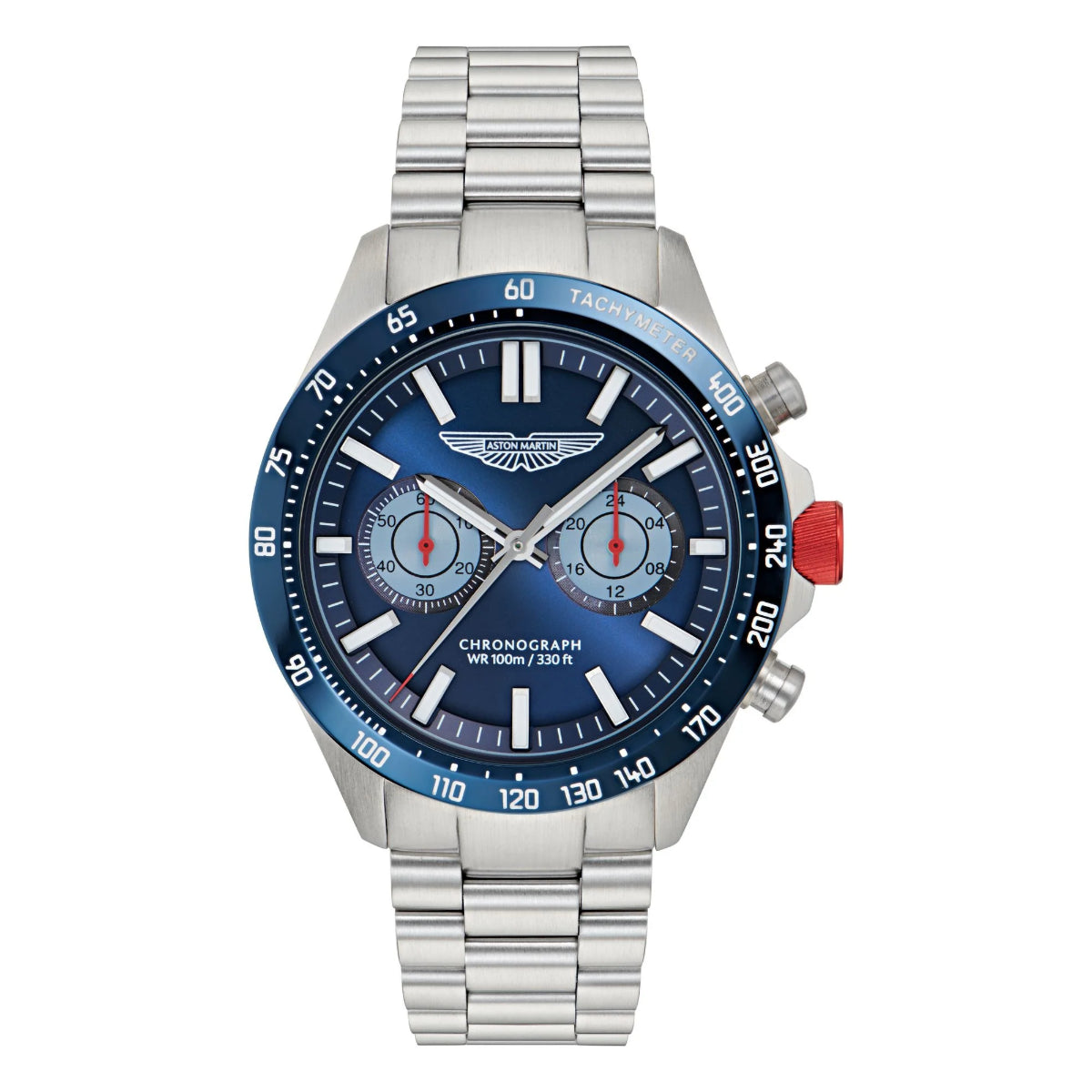 Silver watch with a blue face on a white background