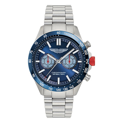 Silver watch with a blue face on a white background