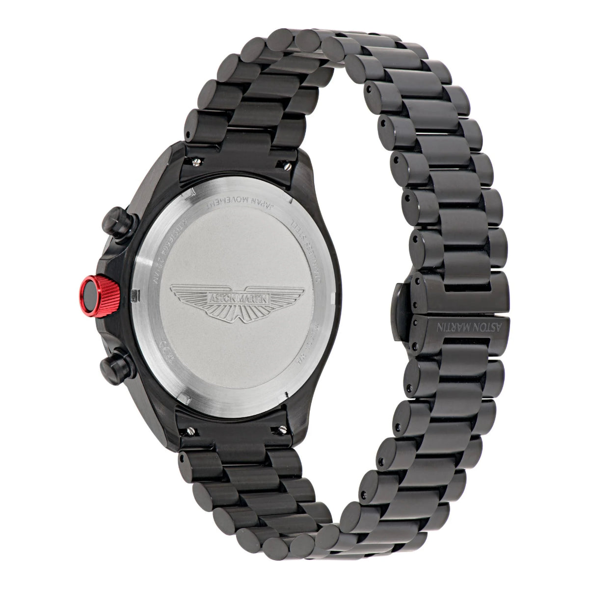 Black watch with a red button on a white background