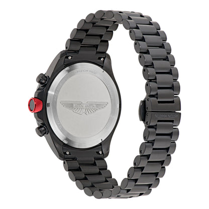 Black watch with a red button on a white background