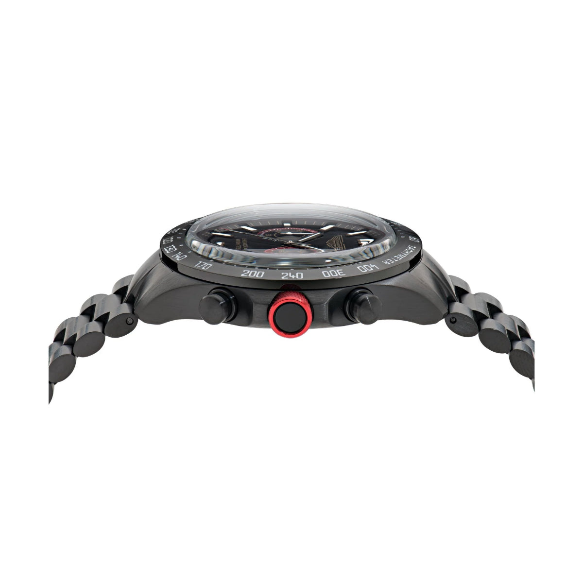 Black smartwatch with a red button on a white background