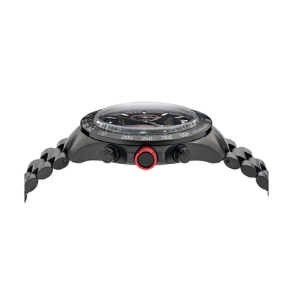 Black smartwatch with a red button on a white background