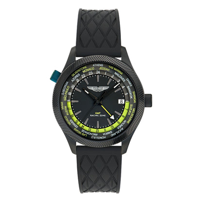 Black wristwatch with a detailed face on a white background