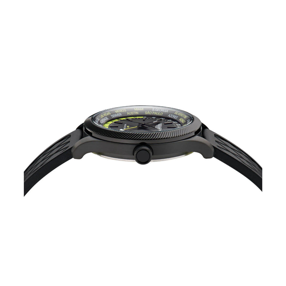 Black wristwatch with detailed design on a white background