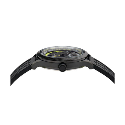 Black wristwatch with detailed design on a white background