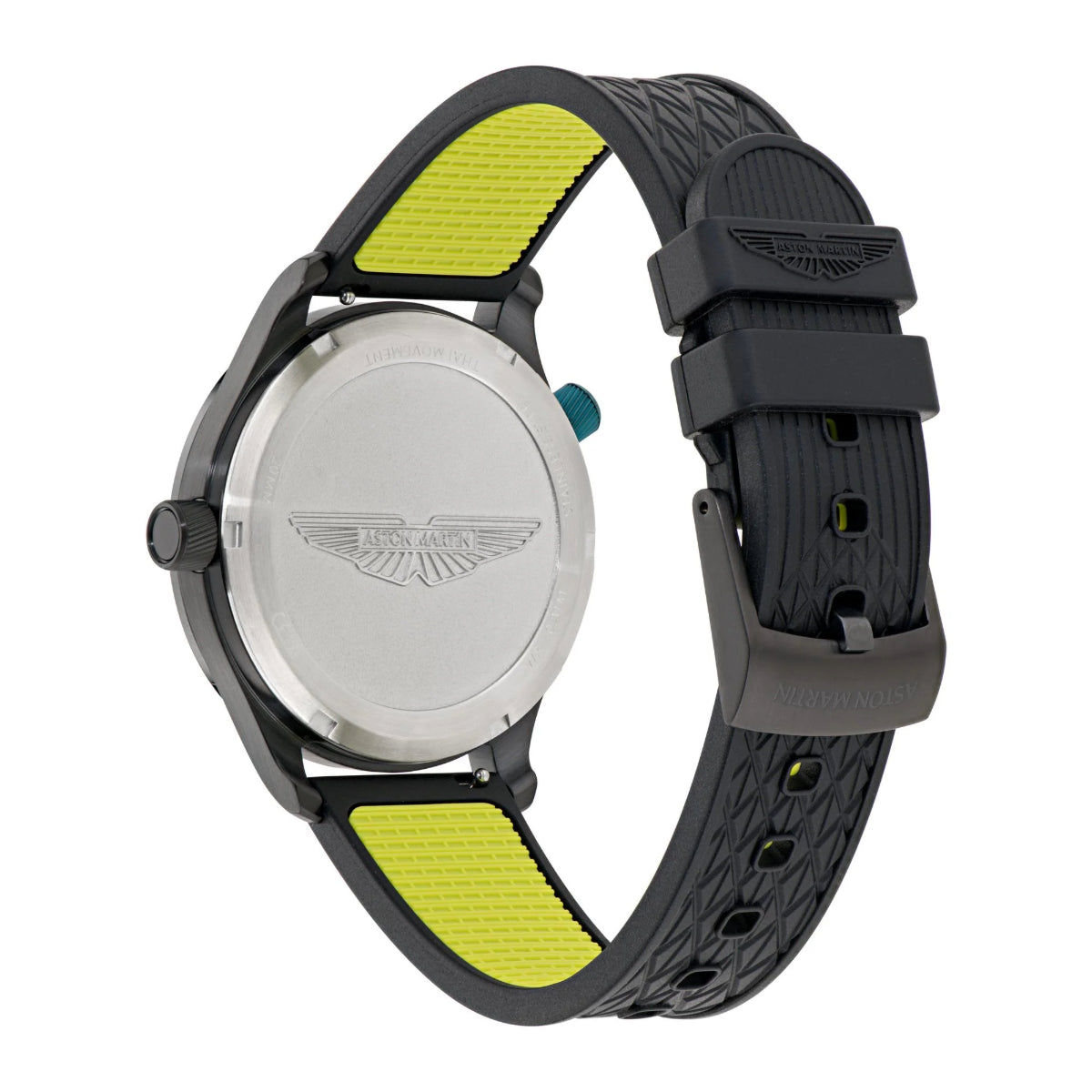 Watch with black and yellow strap on a white background