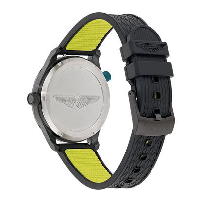 Watch with black and yellow strap on a white background