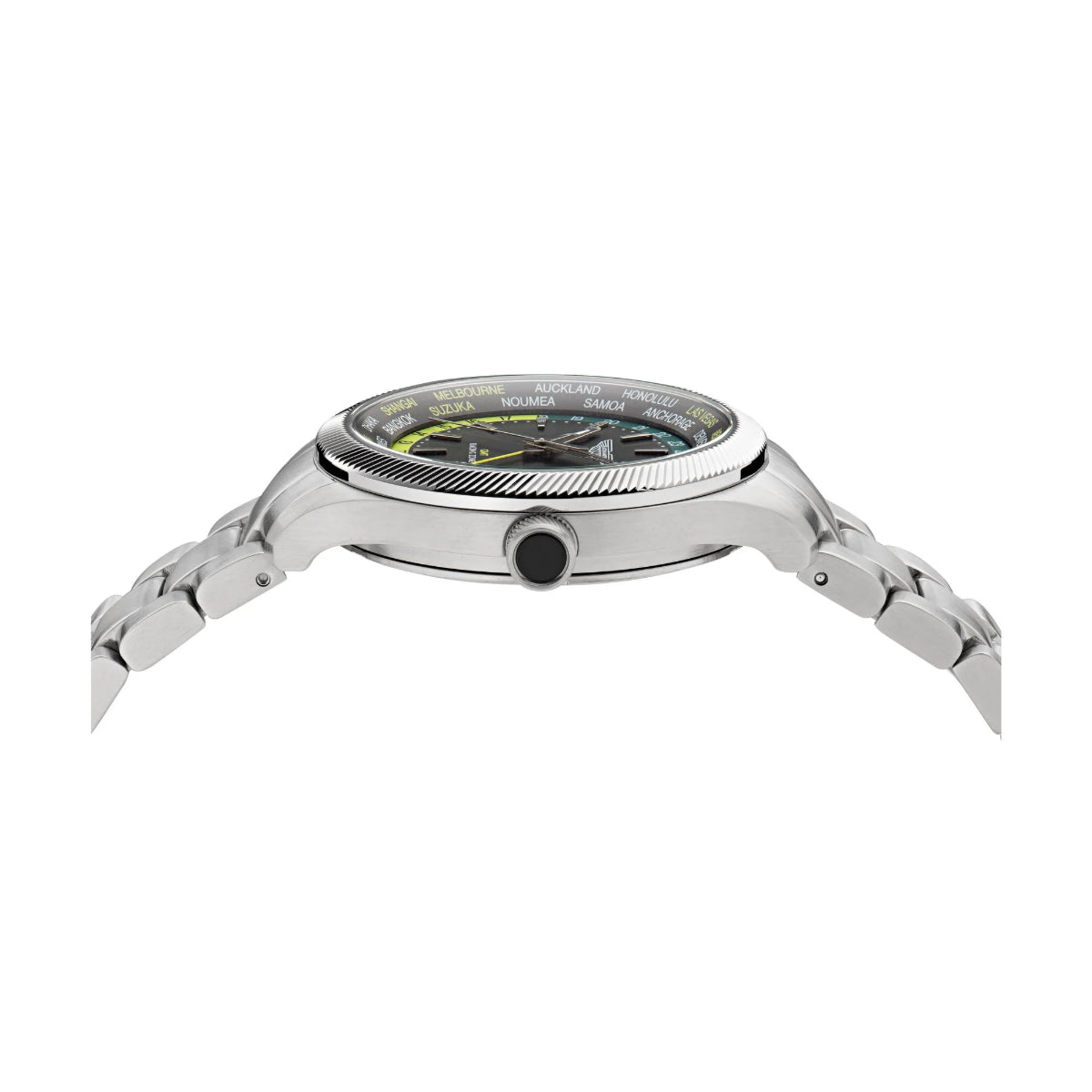 Silver watch with a detailed face on a white background