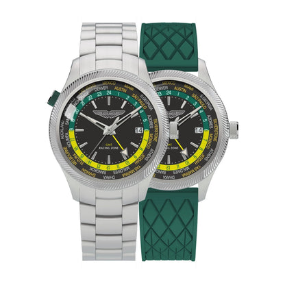 Two watches with green and silver straps on a white background