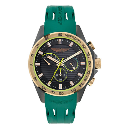 Green watch with gold accents on a white background