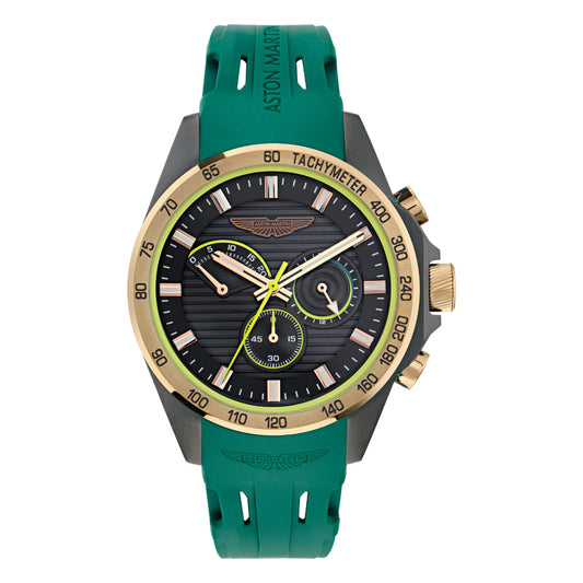Green watch with gold accents on a white background
