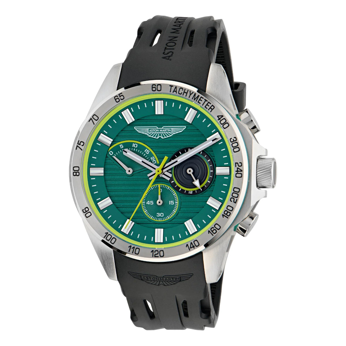 Aston Martin watch with green dial and black strap on a white background
