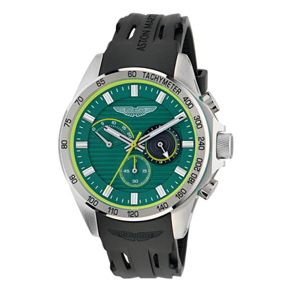 Aston Martin watch with green dial and black strap on a white background